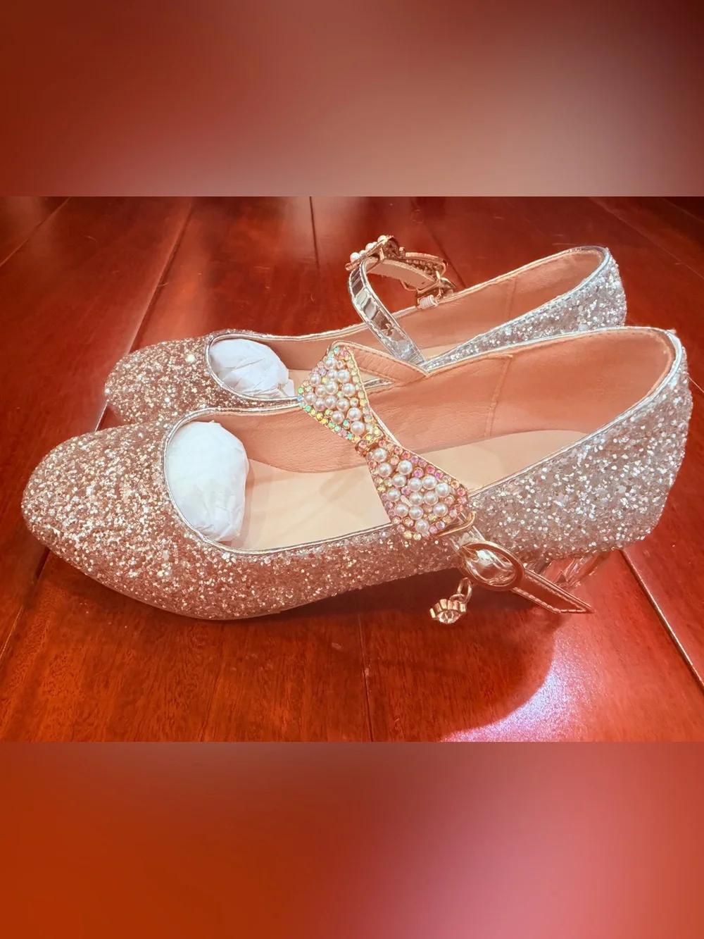 Girls' Glitter Mary Jane Heels with Bow Strap - Rose Gold